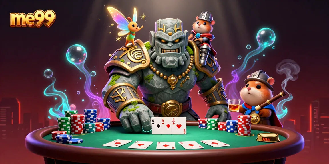 Experience thrilling poker action at me99 casino with a golem, fairy, and hamster knight!
