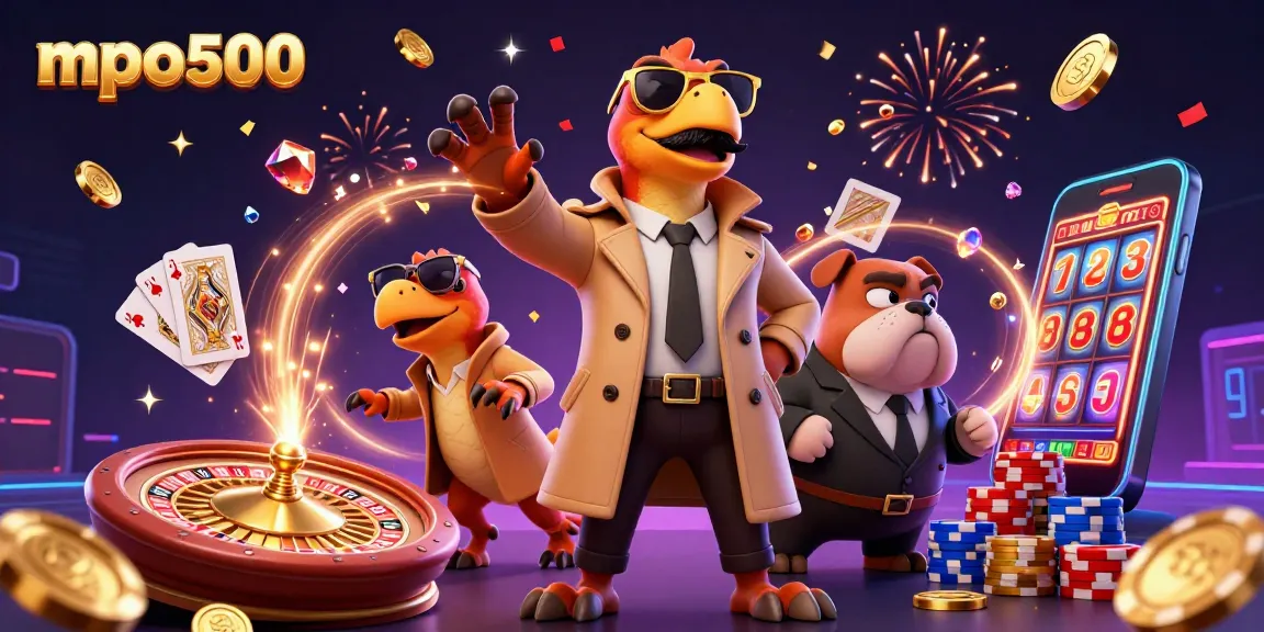 Experience mpo500 with vibrant casino raptors entering VIP lounges amid golden coins and card magic.