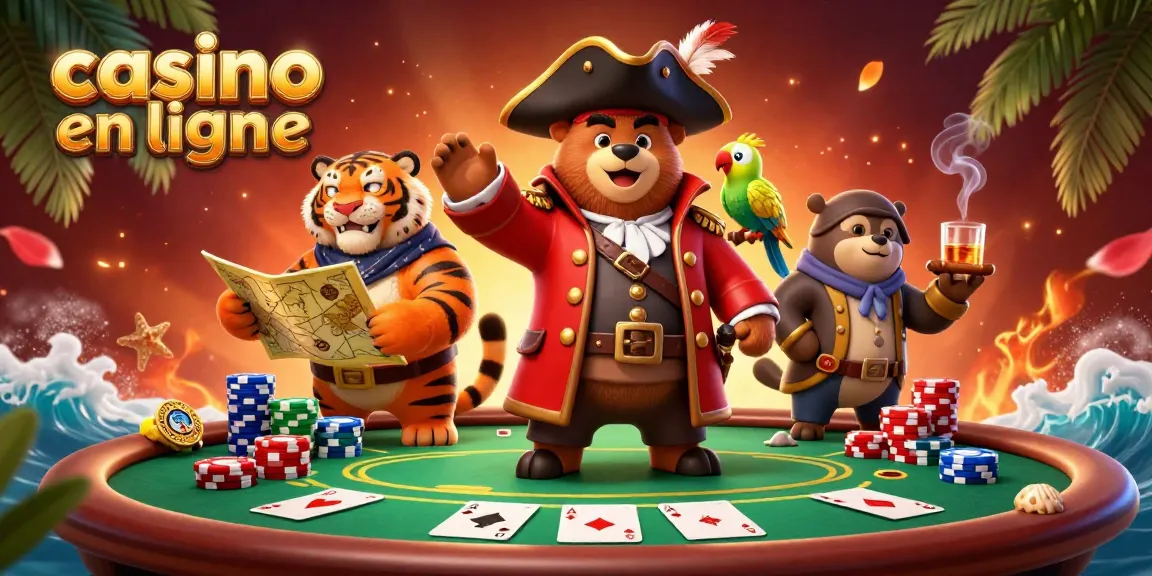 Jouer au casino en ligne avec le capitaine ours et ses compagnons dans un décor de poker animé.