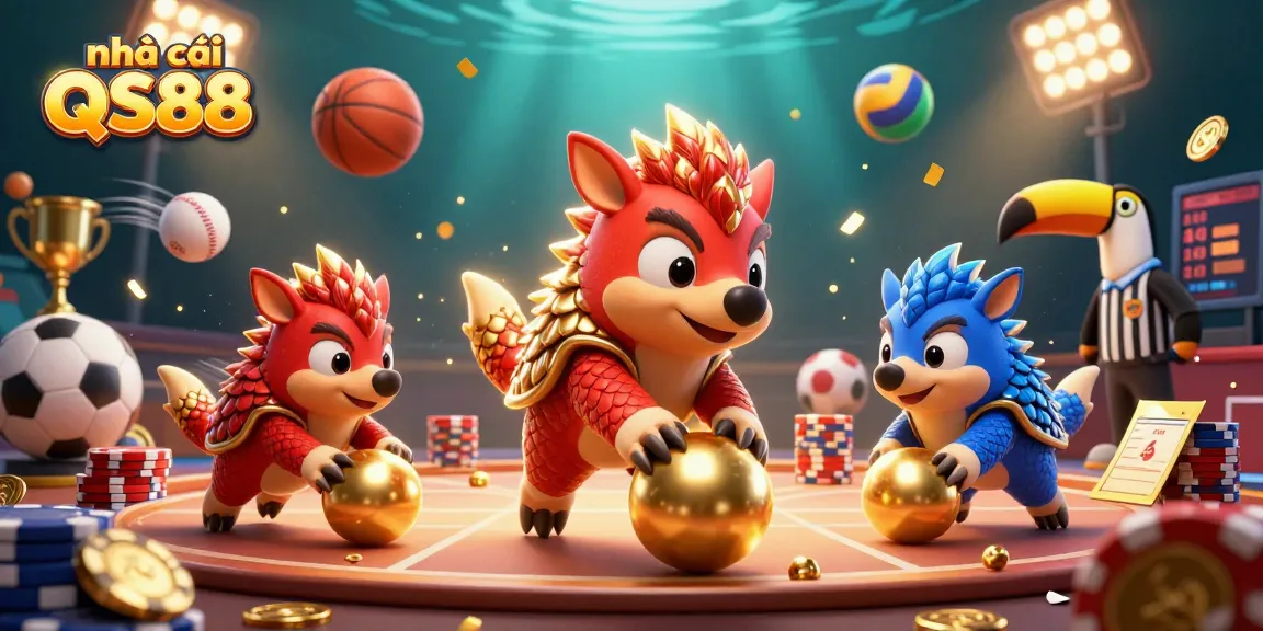 Experience thrilling gaming at nhà cái QS88 with playful pangolins, poker chips, and dynamic sports elements.