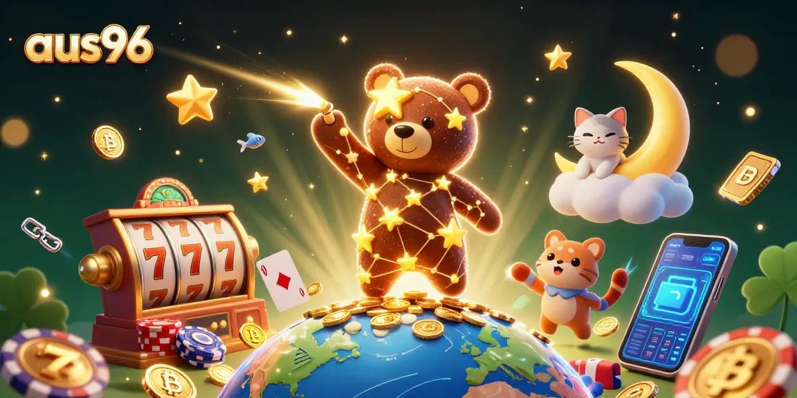 Experience thrilling gameplay at aus96, where constellation bear scoops coins amidst vibrant casino elements.