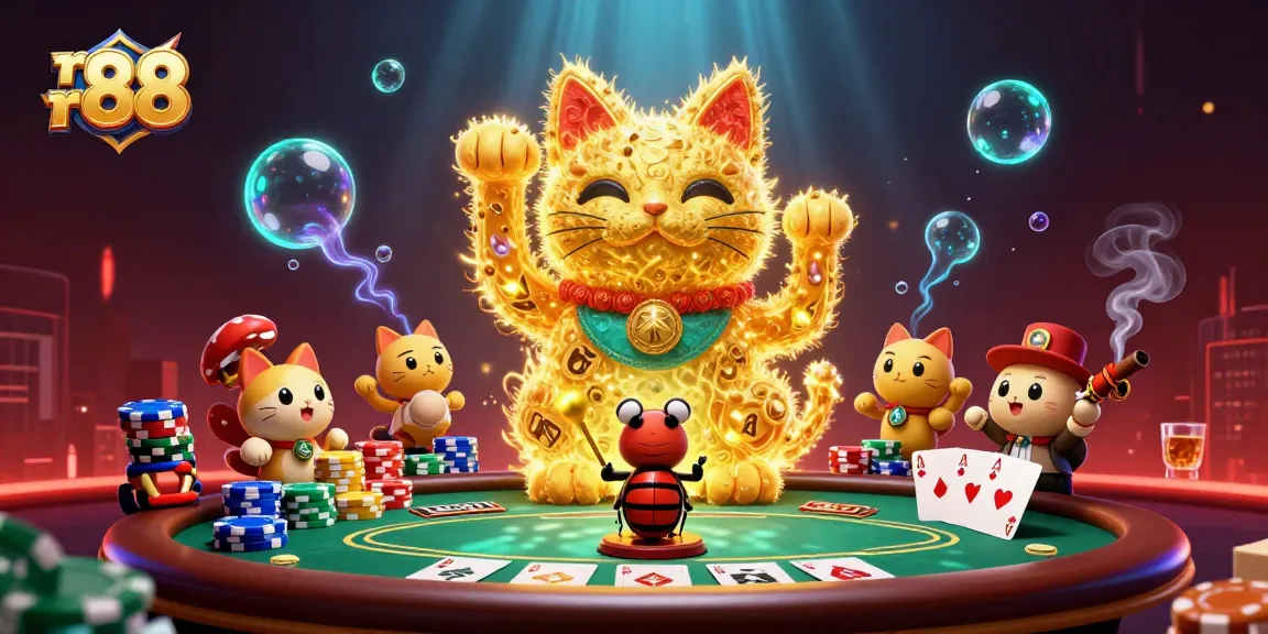 Experience rr 88 casino fun with a lucky cat and dynamic game elements in 3D illustration.