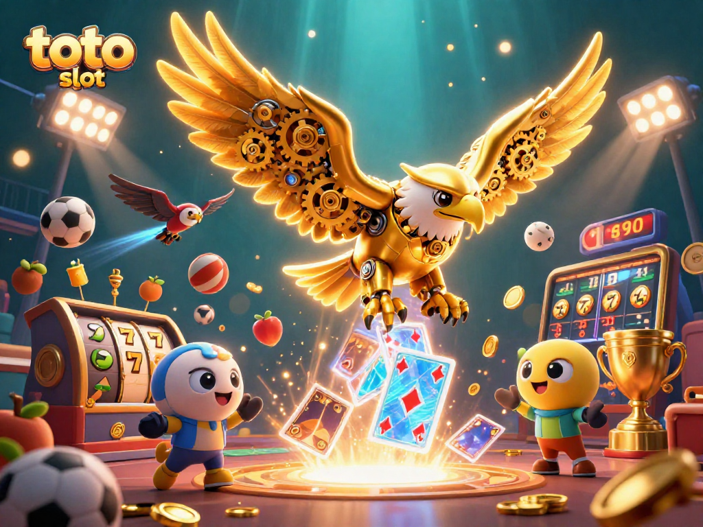 Mendapatkan kemenangan dengan toto slot dalam ilustrasi 3D berwarna cerah dan elemen mesin slot.