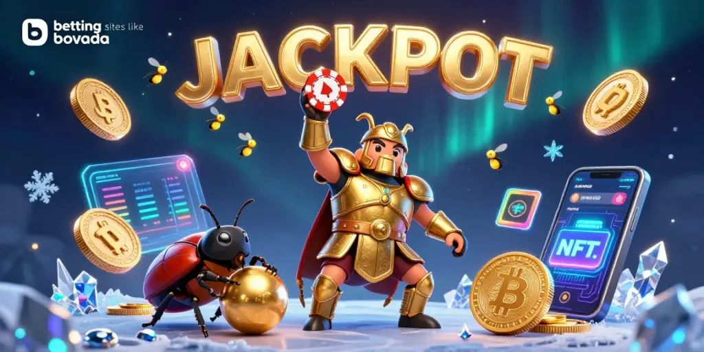 Experience betting sites like Bovada in a vibrant, victorious casino scene with unique characters and elements.