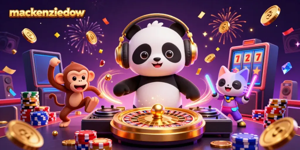 Experience the vibrant casino scene with mackenziedow featuring DJ panda, breakdancing monkey, and glowing kitten.
