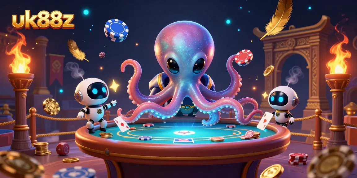 Engage in thrilling poker action with uk88z's vibrant 3D alien octopus and holographic table.