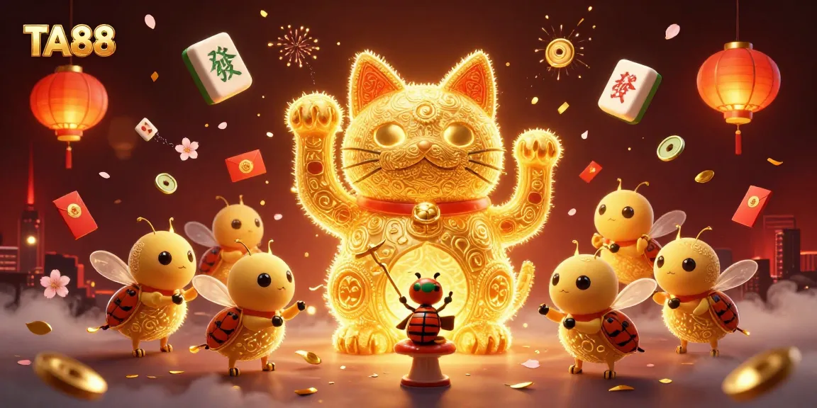 TA88 presents a captivating 3D illustration of a golden lucky cat, vibrant casino symbols, and festive elements.