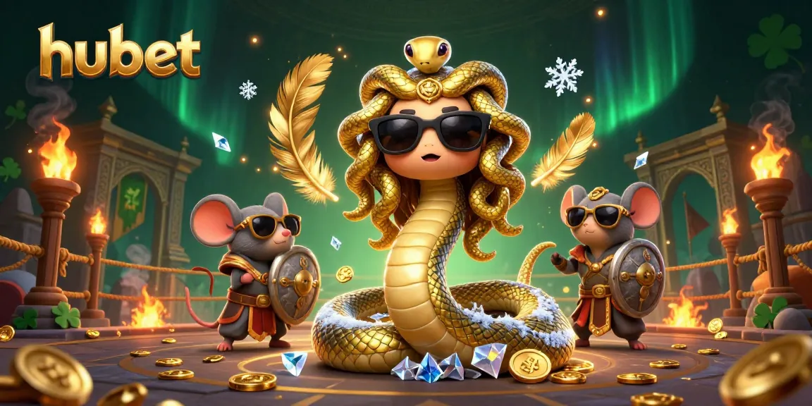 Engaging hubet illustration featuring Medusa, a warrior mouse, and dynamic casino elements.