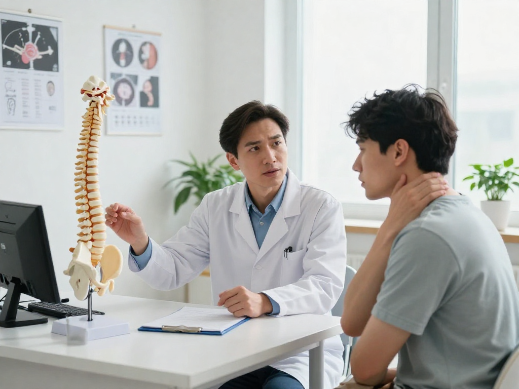 Patient discussing boyun fıtığı ameliyatı with a doctor in a modern medical office.