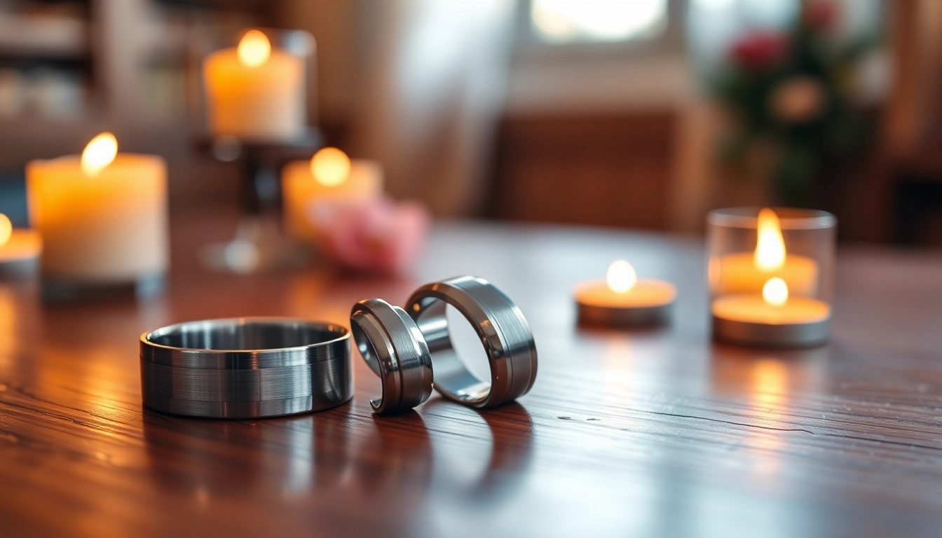 Stunning Gunmetal Wedding Bands for Men showcasing unique textures and finishes on display.