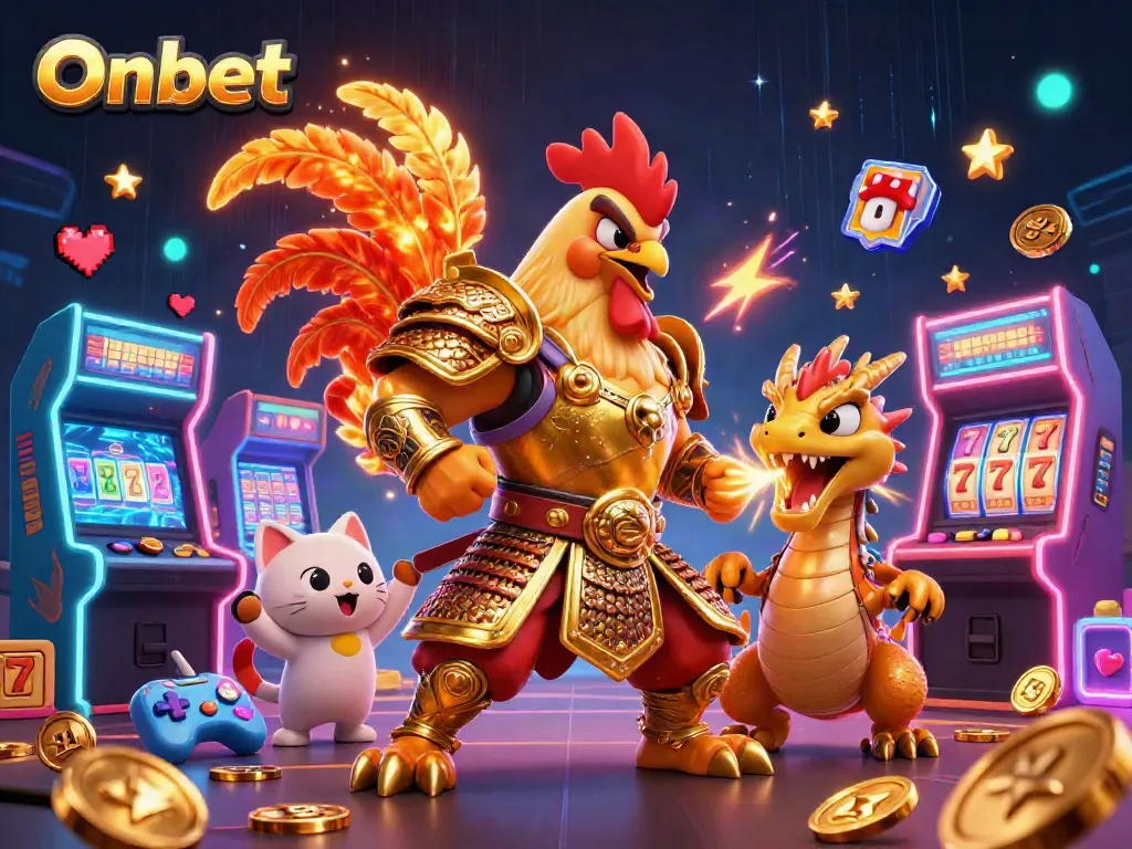 Onbet features an epic showdown with a rooster warrior, dragon hatchling, and arcade elements in a vibrant casino scene.