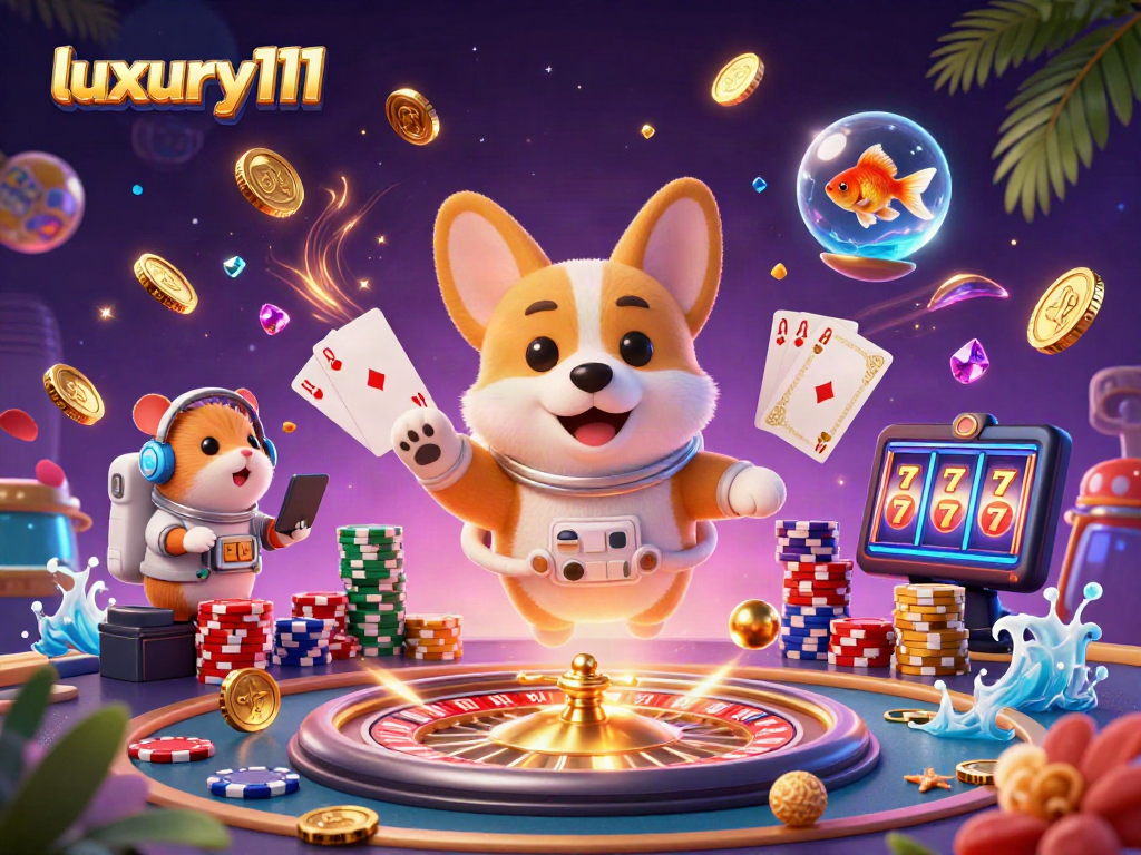 Experience luxury111 with a playful astronaut corgi amidst thrilling casino elements in outer space.