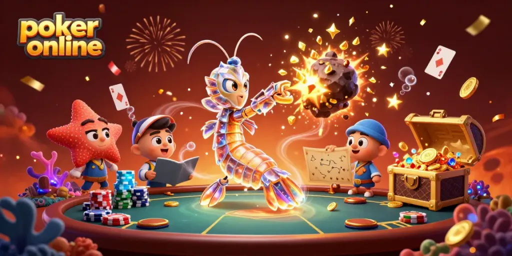 Play poker online with the galactic mantis shrimp in a vibrant cosmic scene.