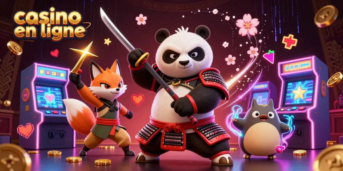 Jouez au casino en ligne avec le panda samouraï et le renard ninja dans une scène vidéoludique animée.