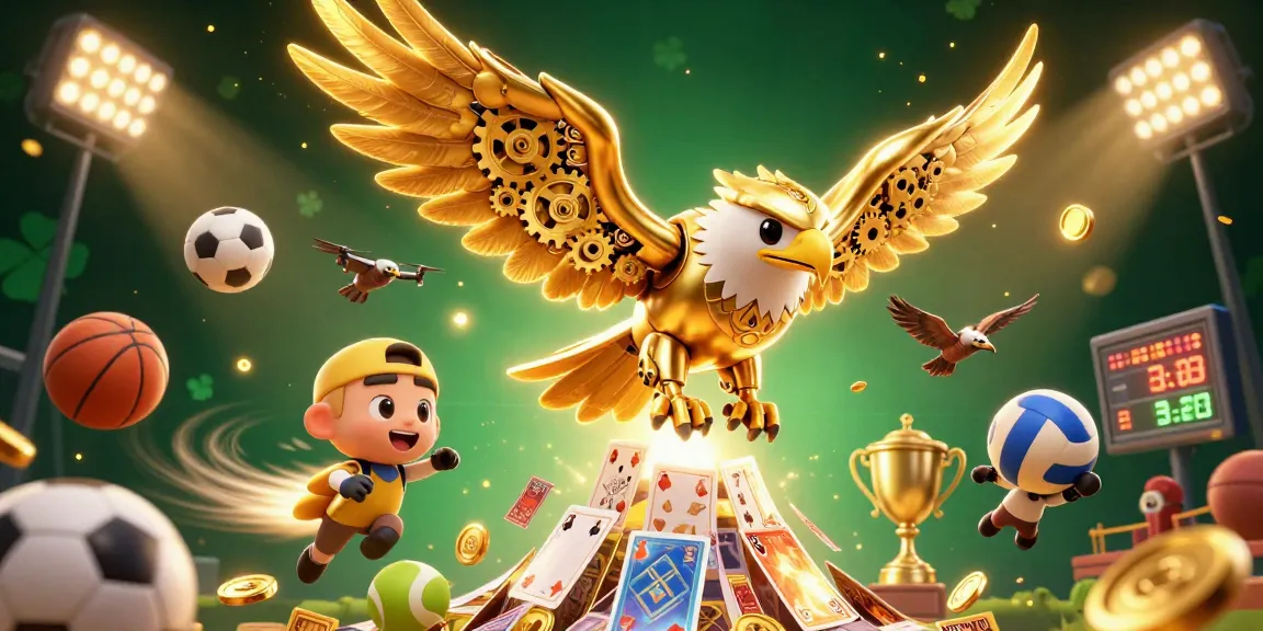 Experience the excitement of LLWIN casino with a cybernetic eagle soaring through holographic cards and sports elements.