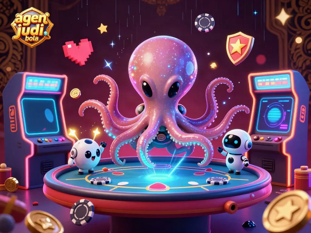 Experience the thrilling world of agen judi bola with a vibrant and interactive digital scene featuring an alien octopus and robotics.