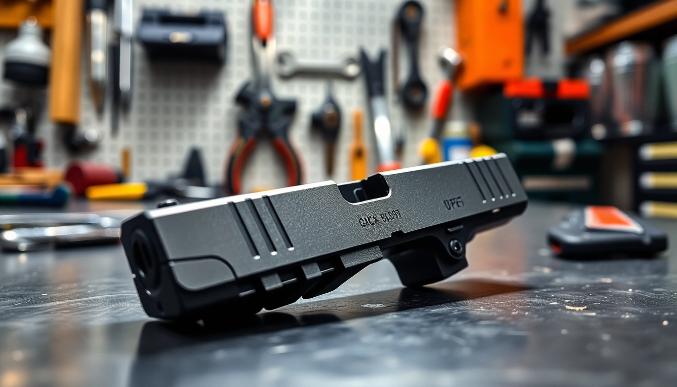 Examine a glock 17 slide oem showcasing its premium design and craftsmanship on a workshop bench.