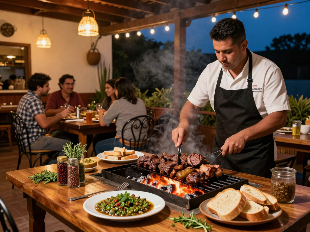 Enjoying the best parrillada argentina near me with grilled meats, chimichurri sauce, and a cozy restaurant atmosphere