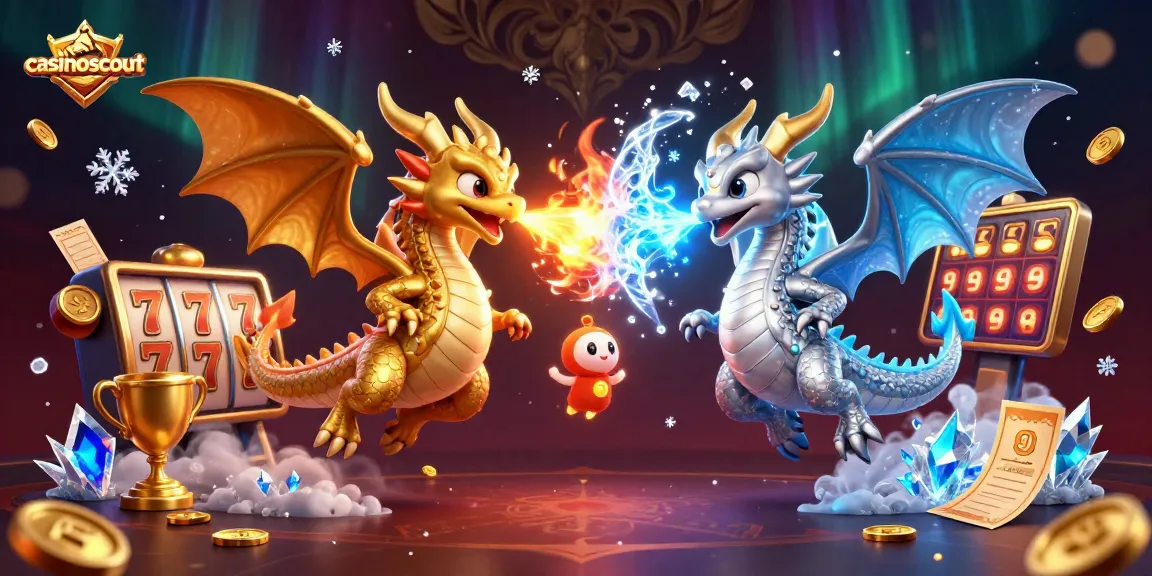 Engage with casinoscout's vibrant 3D scene showcasing twin dragons and slot elements for an exciting gaming experience.