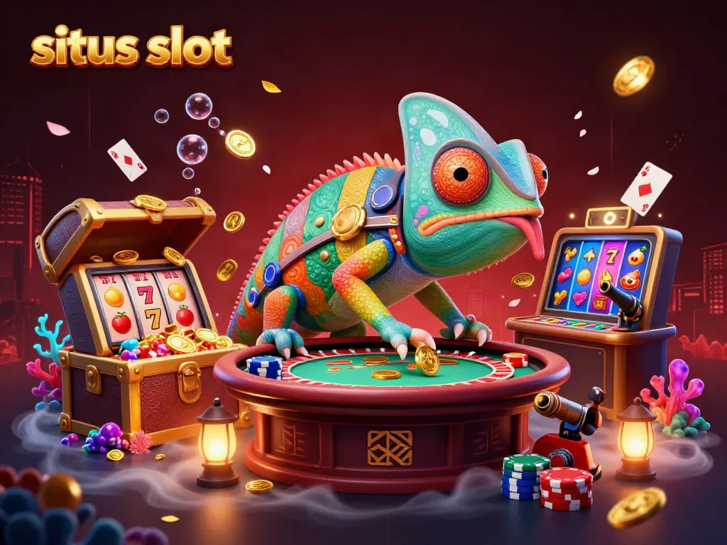 Visualisasi berwarna-warni di situs slot dengan chameleon kasino dan simbol permainan.