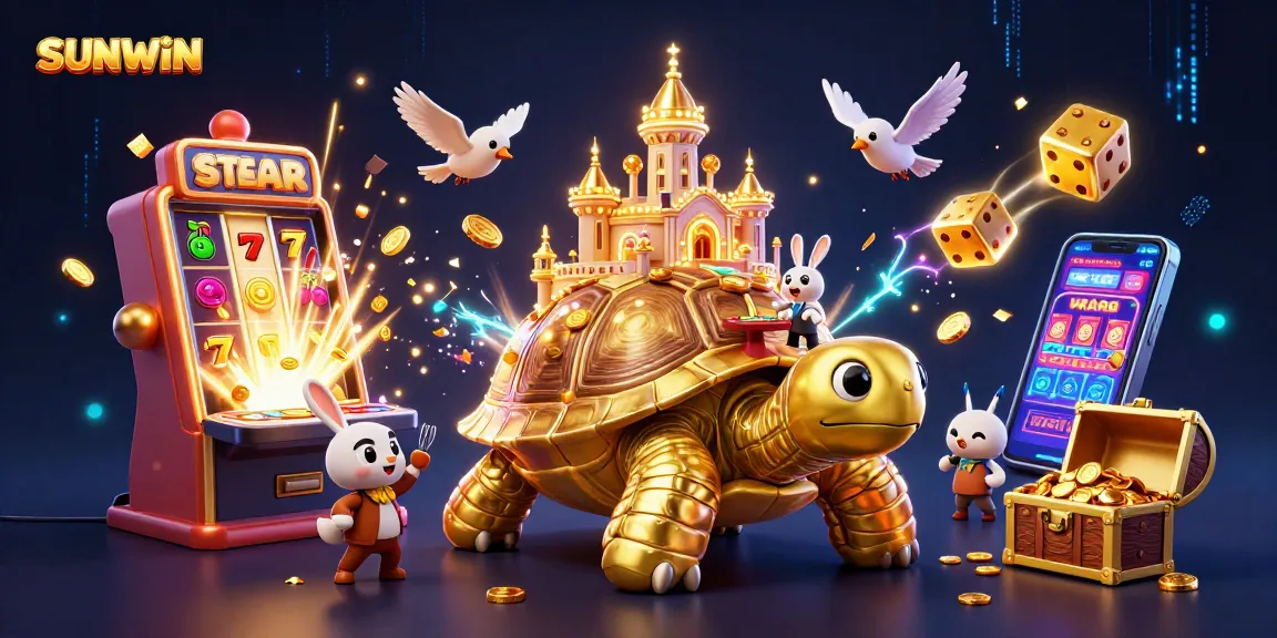 SUNWIN showcases a vibrant 3D casino scene with a golden tortoise and exciting slot machine elements.