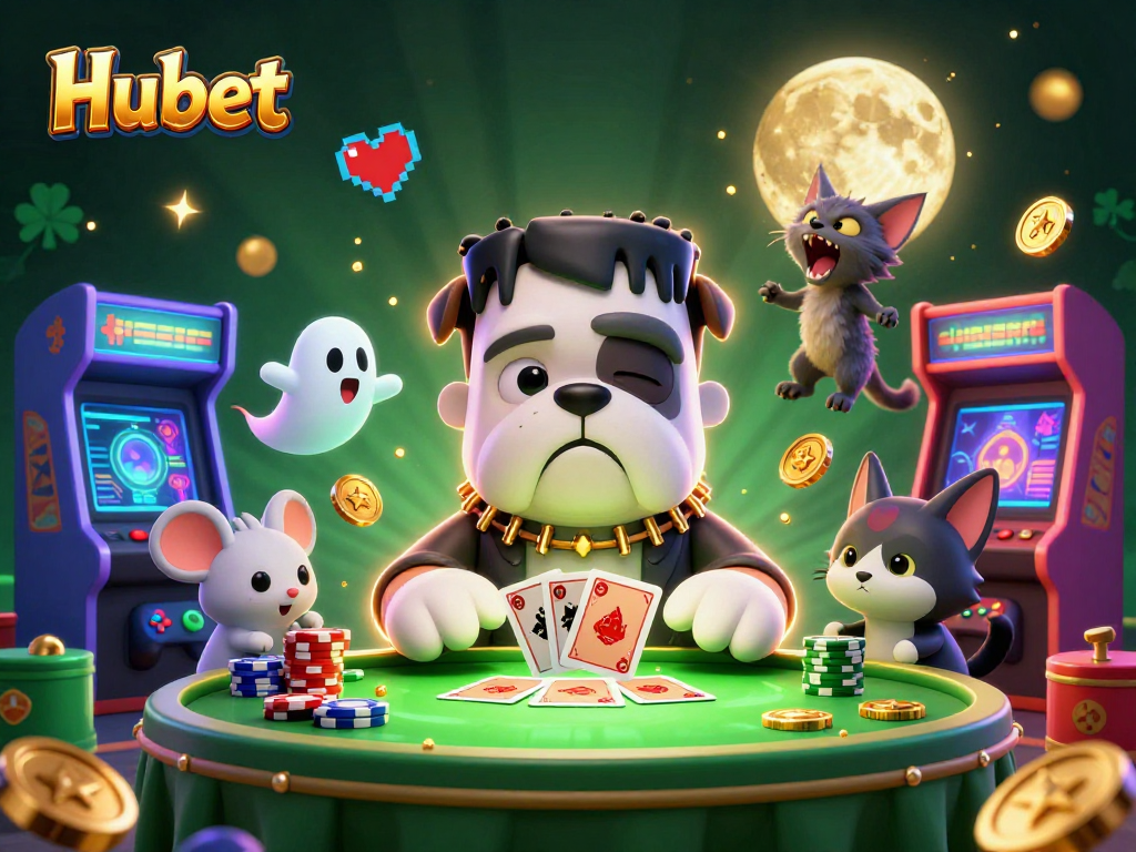 Engage in thrilling gaming at Hubet with a lively scene showcasing a bulldog dealer, ghost mouse, and vibrant 3D arcade elements.