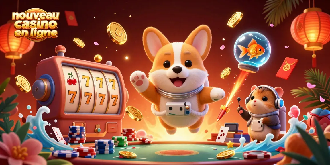 Illustration d'un corgi astronaute flottant dans un nouveau casino en ligne, entouré de jetons de poker flottants.