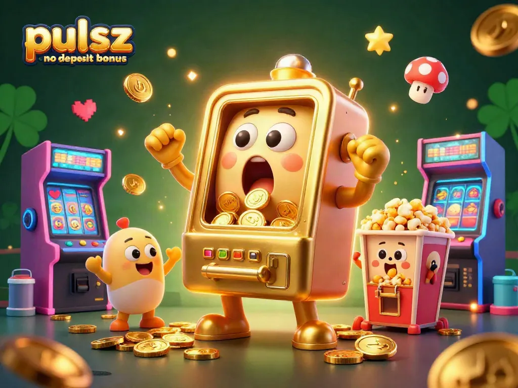 Pulsz casino no deposit bonus celebrates wins with a joyful slot machine and cheerful baby machines.
