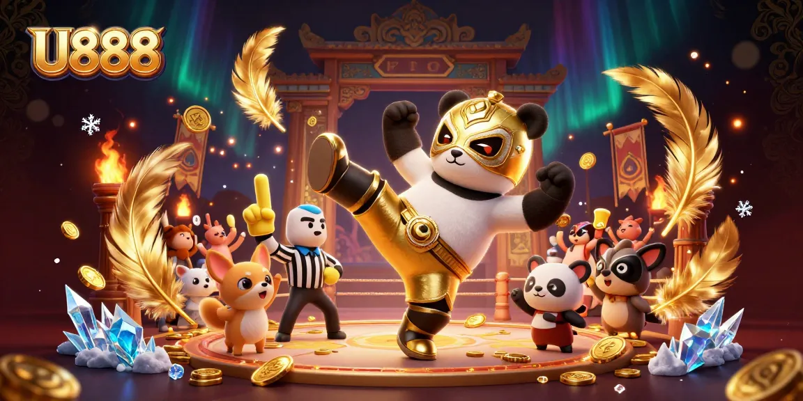 U888 casino scene features a panda wrestler kicking while a chihuahua referee counts amidst cheering animal fans.