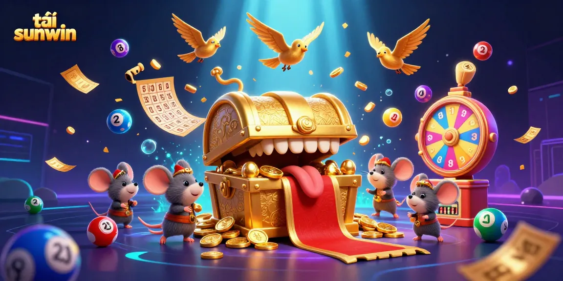 Engage with thrilling games at tải sunwin, featuring a vibrant cartoon treasure chest attracting adventurers.