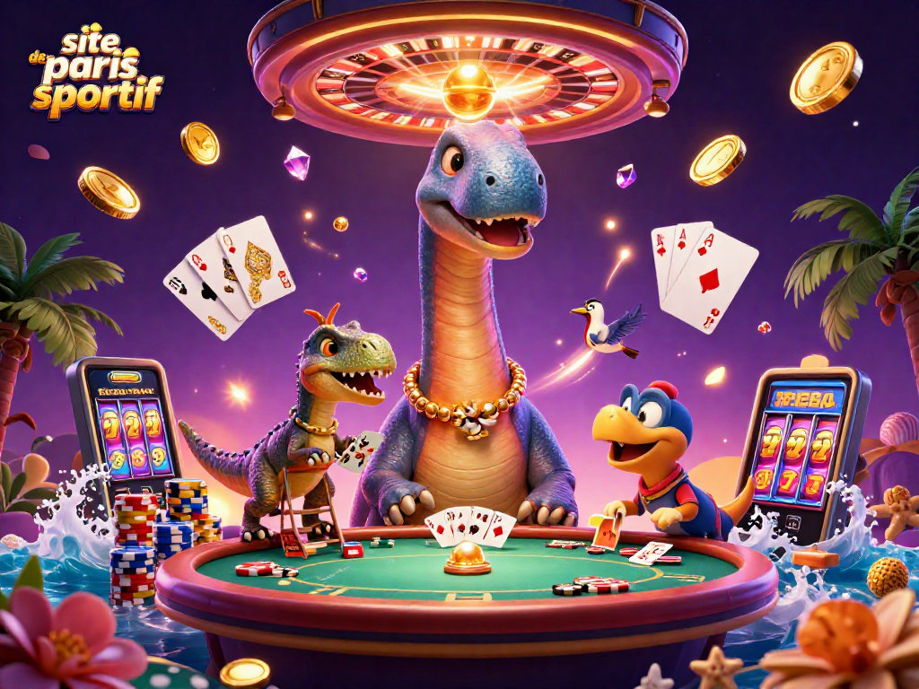 Pariez sur le site de paris sportif avec une scène divertissante de dinosaures et de cartes de poker.
