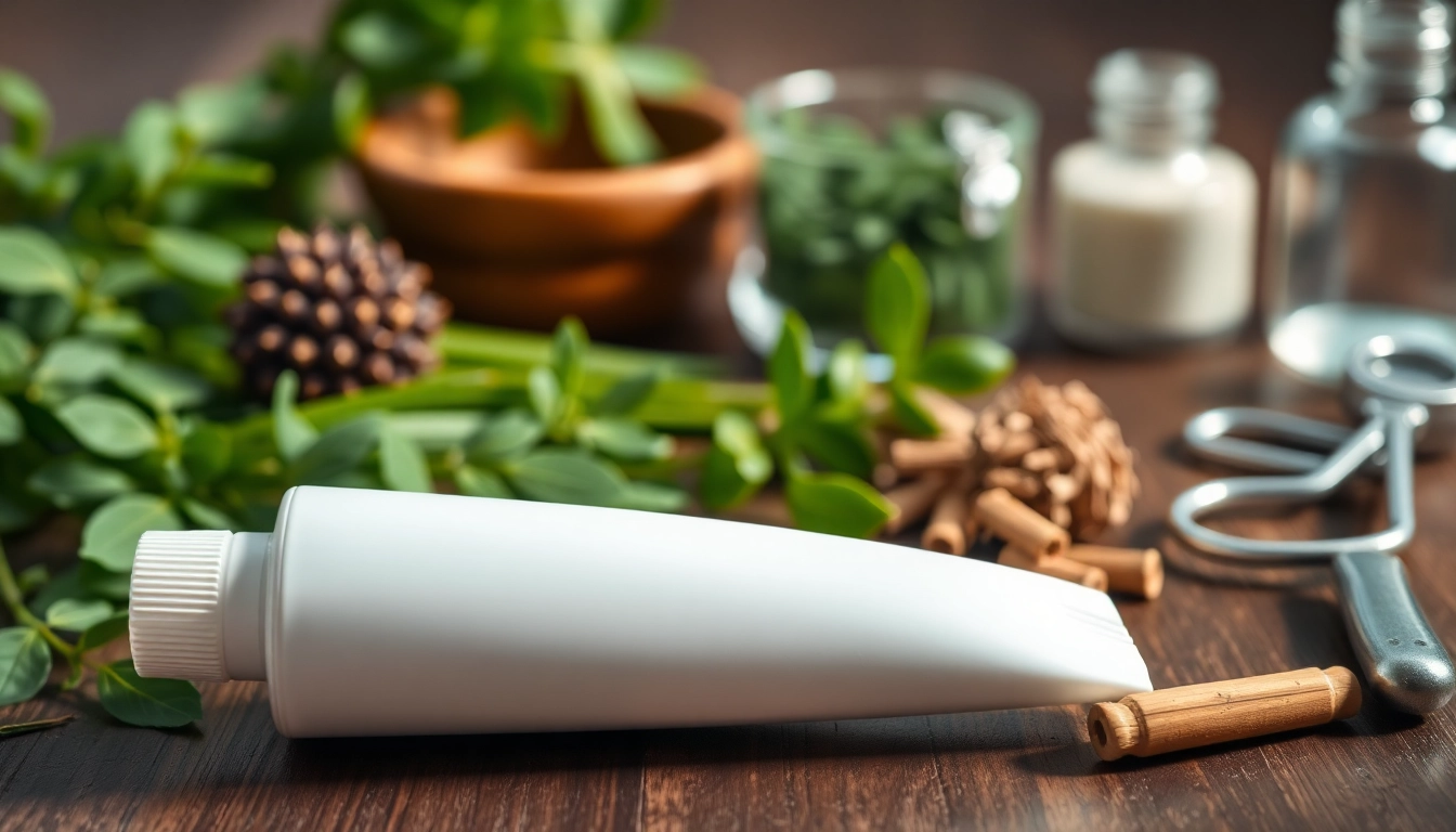 Applying dmso gel from a tube amidst fresh herbs on a wooden table.