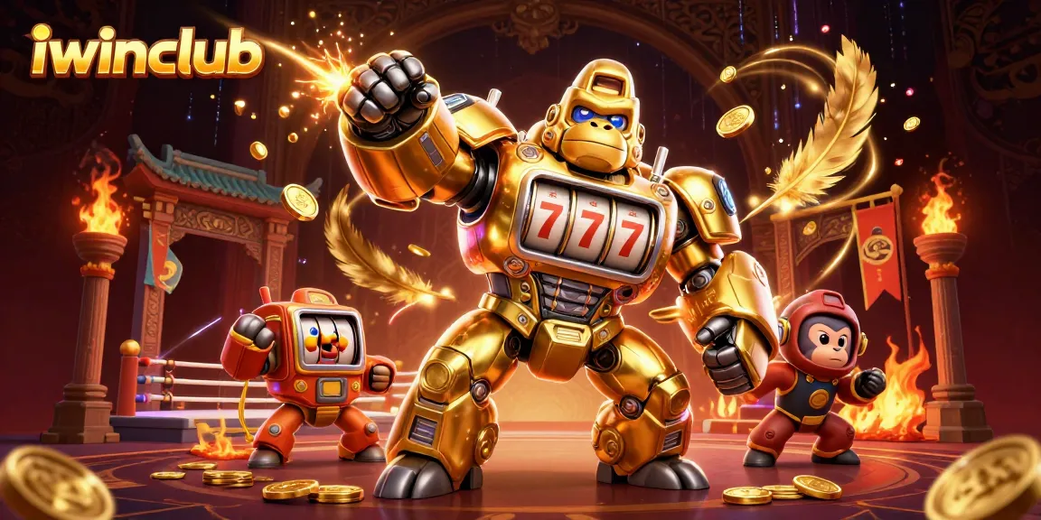 Experience the thrill of iwinclub with a dynamic 3D gaming illustration featuring a golden gorilla mech.