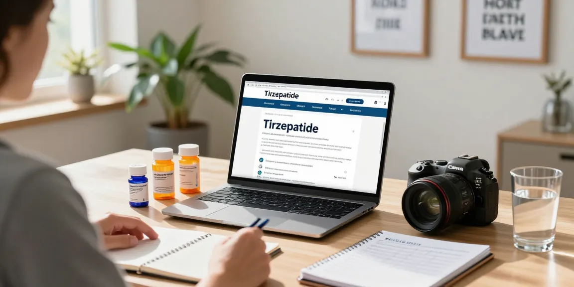 Buy tirzepatide illustrated as an individual researches medication in a modern home office.