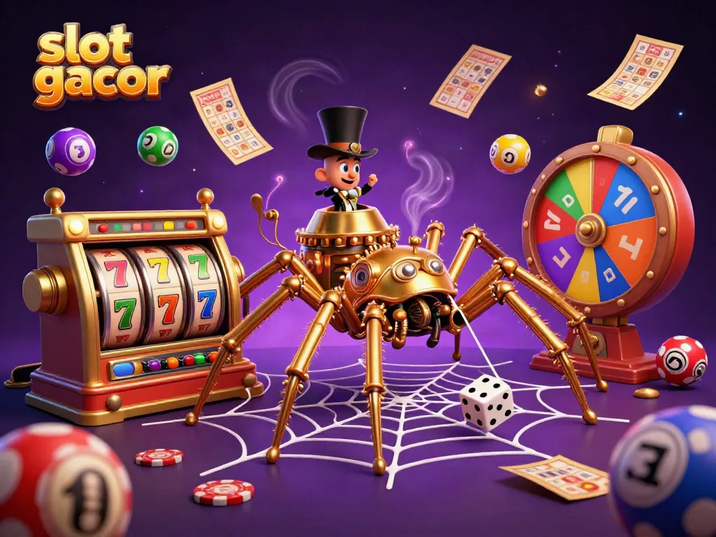 Experience the excitement of slot gacor with a steampunk spider capturing dice and vibrant game elements.