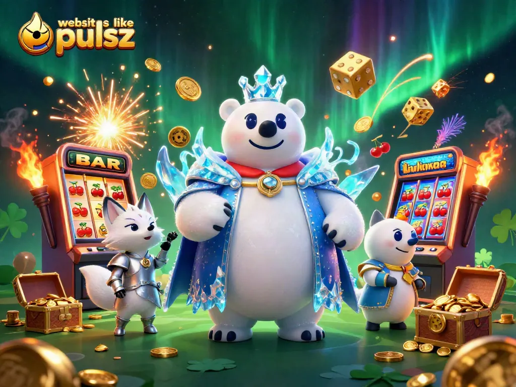 Play and win with websites like pulsz in a festive casino-themed illustration showcasing jackpots and fun.