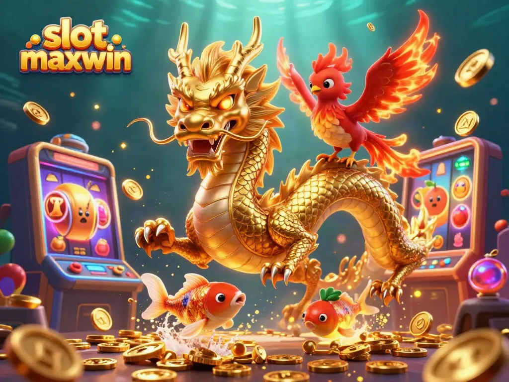 Experience the excitement of slot maxwin featuring a golden dragon, phoenix, and koi fish amid vibrant casino elements.