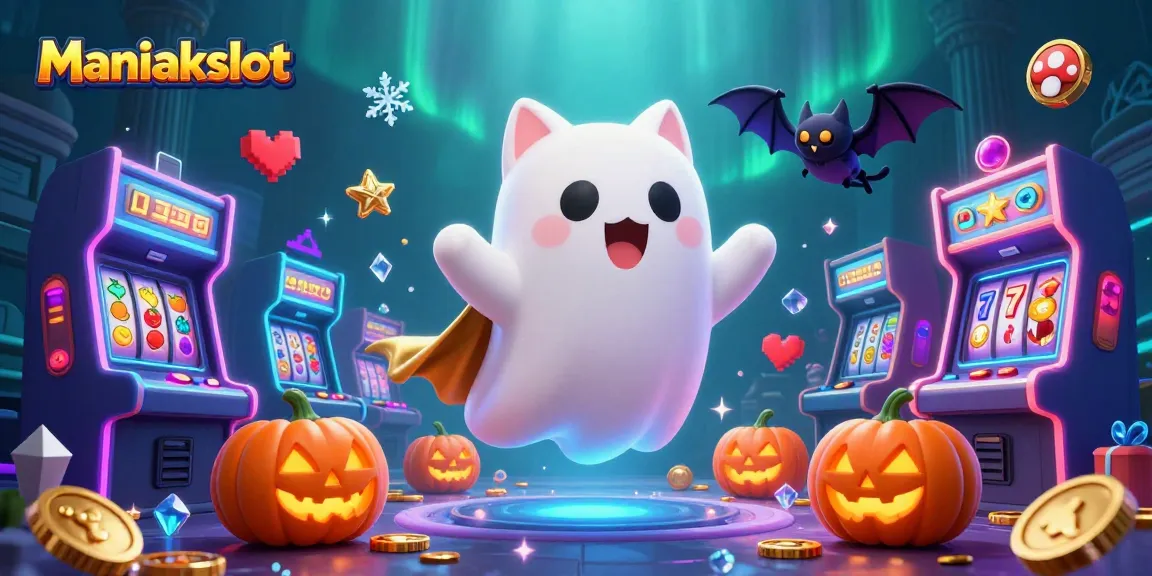 Experience the thrill of Maniakslot with friendly ghost cat and bat in a vibrant casino setting.