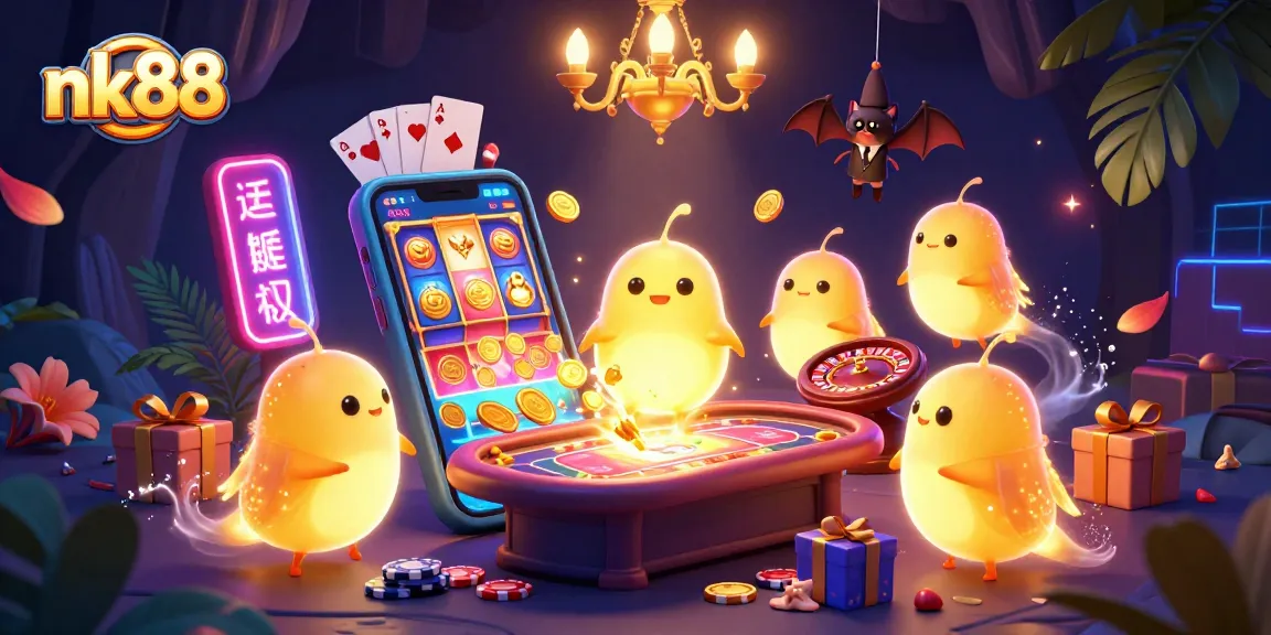 Engage with nk88 in this vibrant, ultra-detailed casino scene showcasing glowworms and exciting gaming elements.