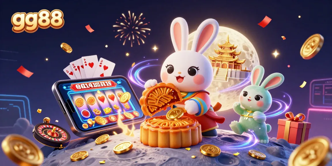 Engage in thrilling games with gg88 featuring a moon rabbit, poker chips, and vibrant casino elements.