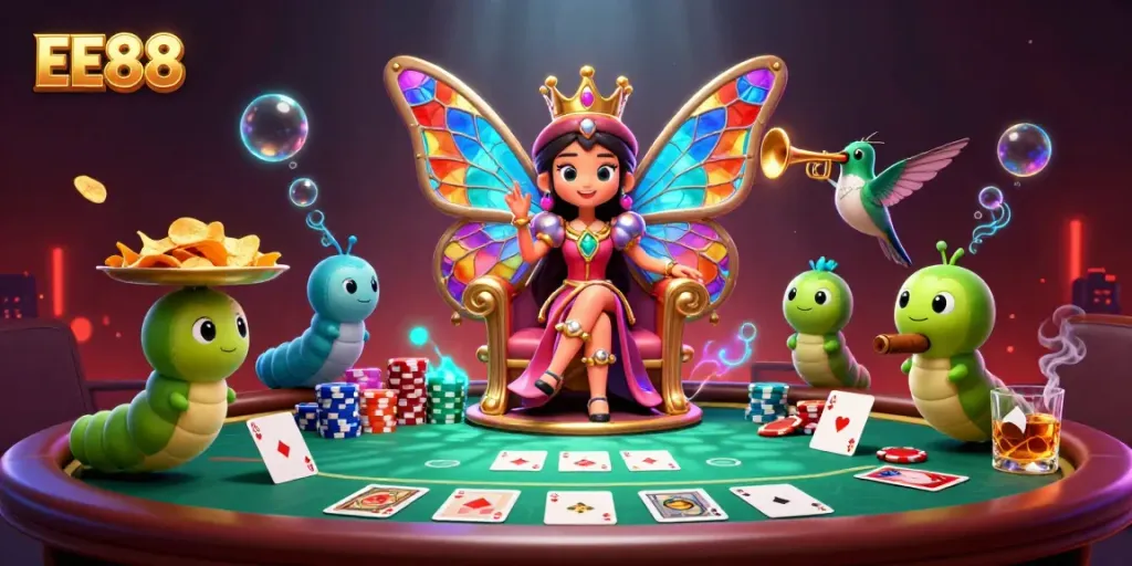 Engage with the rich gaming universe of EE88, featuring a vibrant 3D butterfly queen at a poker table.