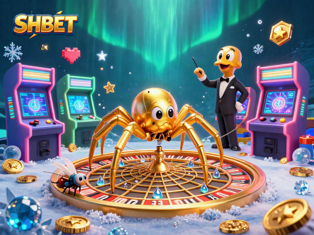 SHBET engages with a lively casino scene featuring a roulette spider and animated characters.
