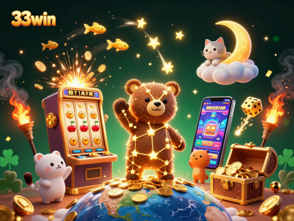 33win casino adventure illustration with winning symbols, vibrant characters, and dynamic gaming elements.
