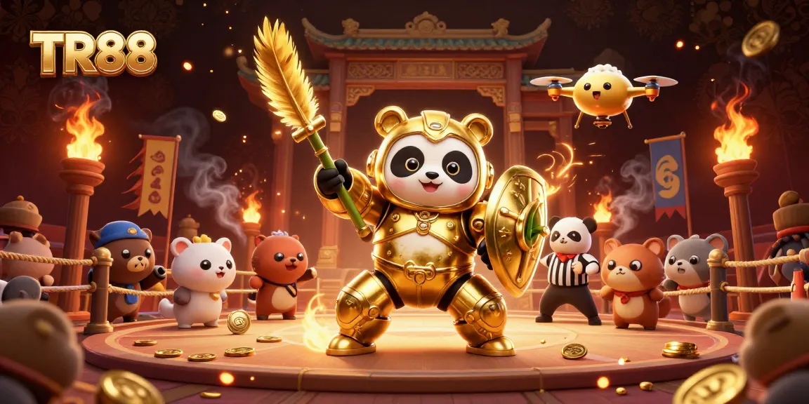 Engage with TR88's thrilling 3D casino scene featuring a mech-suit panda amidst dynamic gaming elements.