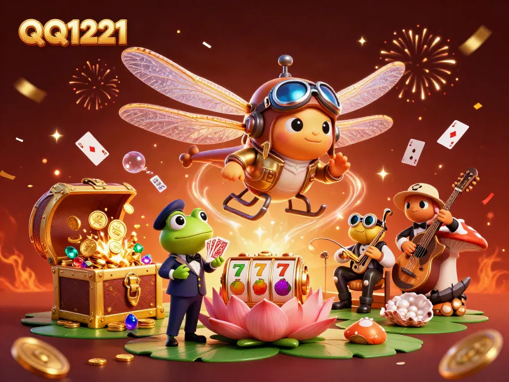 Experience the thrill of QQ1221 with a vibrant casino scene featuring a dragonfly pilot and frog dealer.