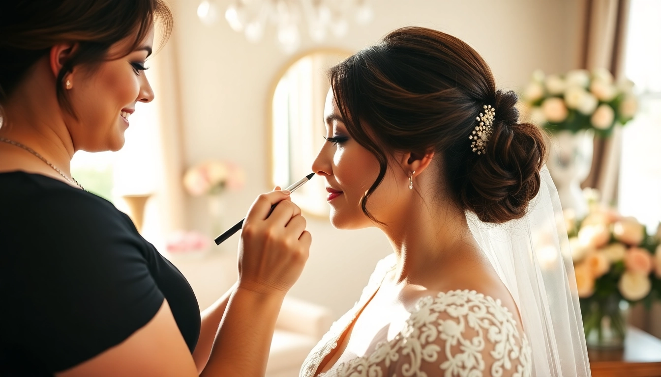 Dallas wedding makeup artist enhancing a bride's beauty in a bright bridal suite.
