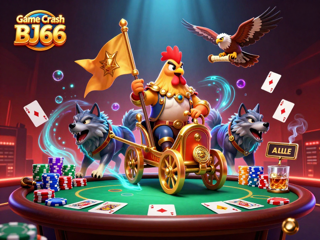 Chơi Game Crash BJ66 với sự hấp dẫn từ trò chơi giữa chiến binh gà đứng trên xe chariot vàng.