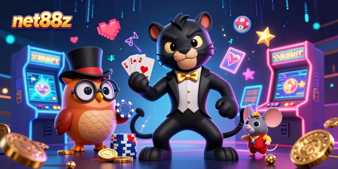 Play exciting games with net88z, where stylish characters celebrate with poker chips and glowing casino elements.