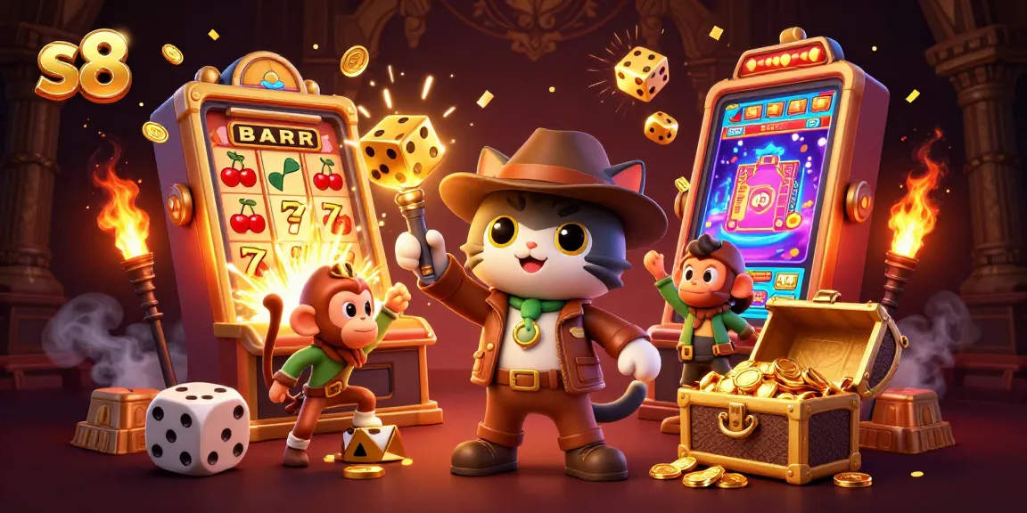 S8 leverages casino gaming dynamics, showcasing explorers amidst a jackpot frenzy and vibrant slot machines.