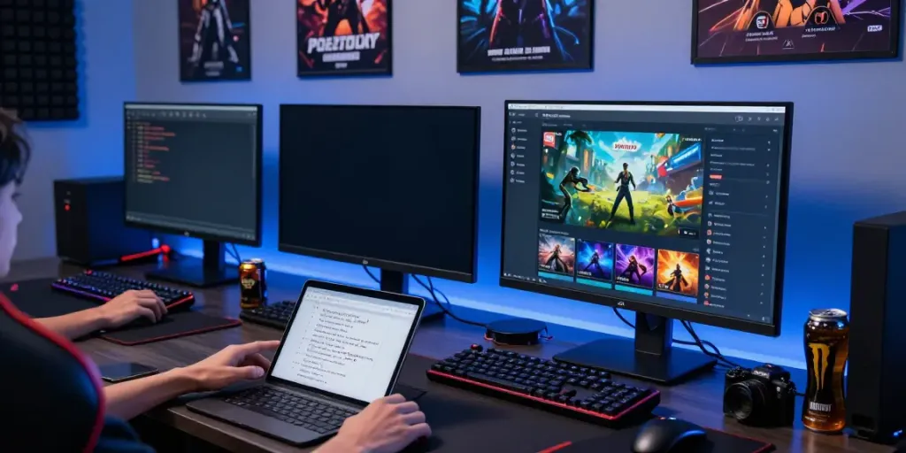 Engaged player logged into Singatoto login on a sleek gaming setup, showcasing vibrant online gaming options and accessories in an immersive environment.